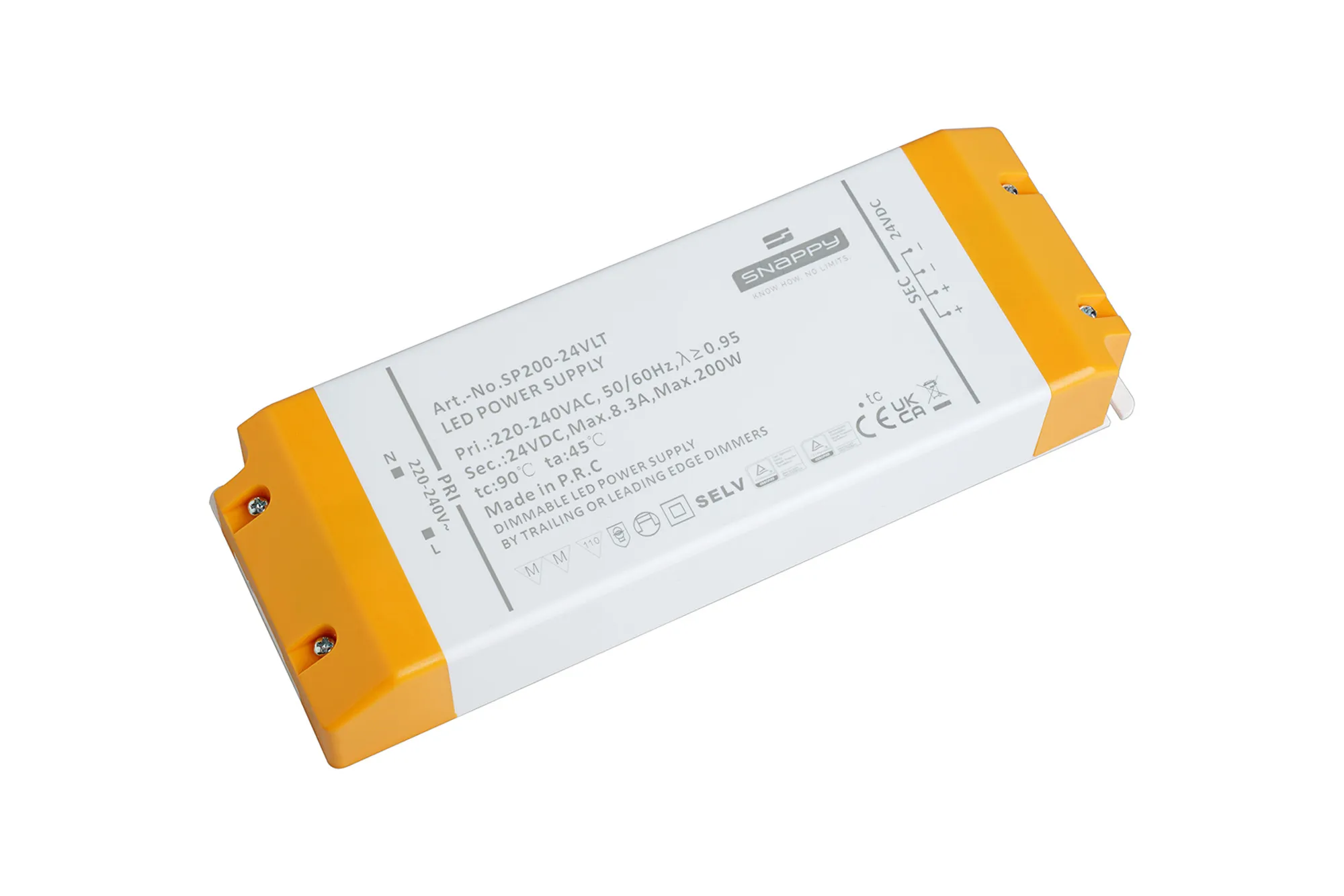 SP200-24VLT  SP, 200W, Constant Voltage Triac Dimmable LED Driver, 24VDC, 8.3A, Pf>0.95, TC:+90°, TA:45° IP20, Effi>90%, Screw Connection, 5yrs Warranty.